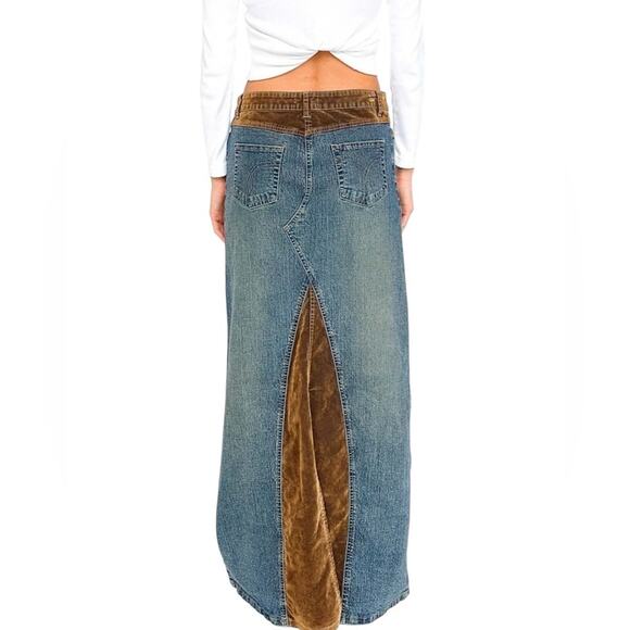 Vintage Forenza Long Denim & Velvet Maxi Skirt Womens 6 Boho Hippie Grunge Y2K - Picture 8 of 14